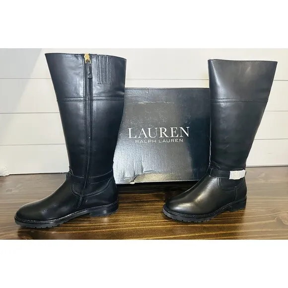 Lauren Ralph Lauren Everly Riding Boot Black Leather Knee High Women's 6.5B NEW
