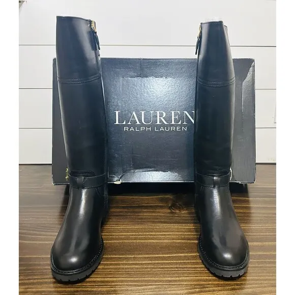 Lauren Ralph Lauren Everly Riding Boot Black Leather Knee High Women's 6.5B NEW
