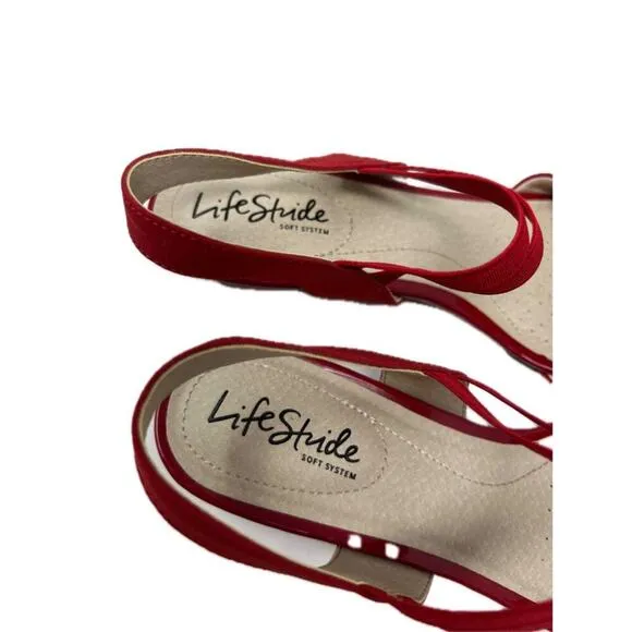 Life Stride Yolo Wedge Slip On Slingback Sandal in Red 7.5