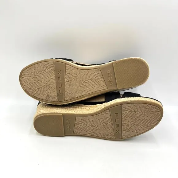 Lifestride Womens Size 9.5M Black Espadrilles Wedges Sandals Shoes