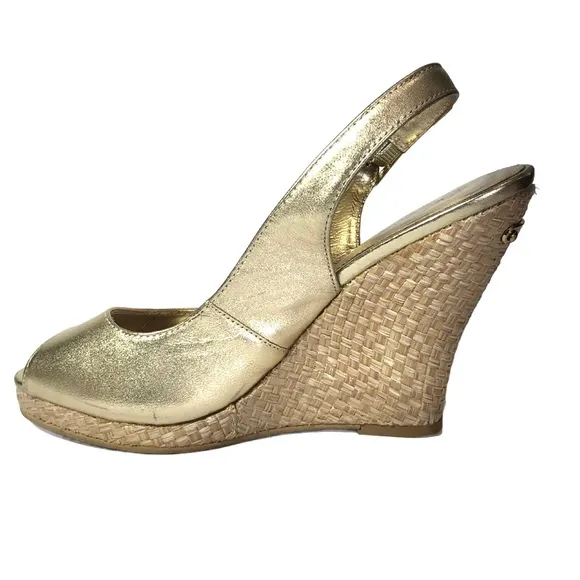 Lily Pulitzer Champagne Wedge Heel Peeptoe Platform Sandals Womens 7.5 Slingback