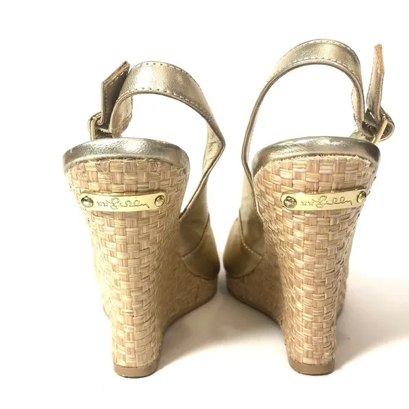 Lily Pulitzer Champagne Wedge Heel Peeptoe Platform Sandals Womens 7.5 Slingback