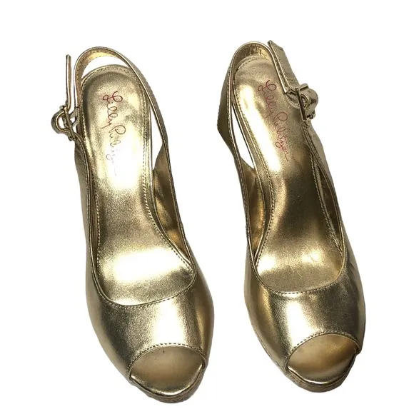 Lily Pulitzer Champagne Wedge Heel Peeptoe Platform Sandals Womens 7.5 Slingback
