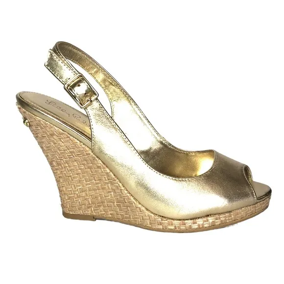 Lily Pulitzer Champagne Wedge Heel Peeptoe Platform Sandals Womens 7.5 Slingback