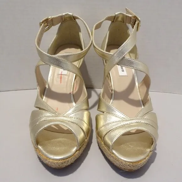 LK Bennett Maggie Gold Wedge Peep Toe Sandals Size 38 EU 7 US Espadrille Metalli