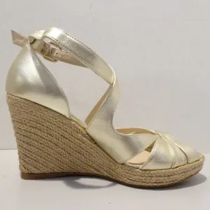 LK Bennett Maggie Gold Wedge Peep Toe Sandals Size 38 EU 7 US Espadrille Metalli