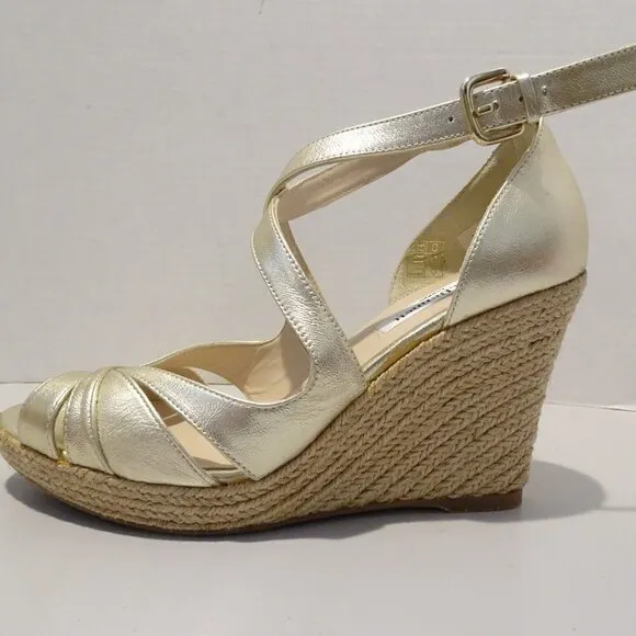 LK Bennett Maggie Gold Wedge Peep Toe Sandals Size 38 EU 7 US Espadrille Metalli