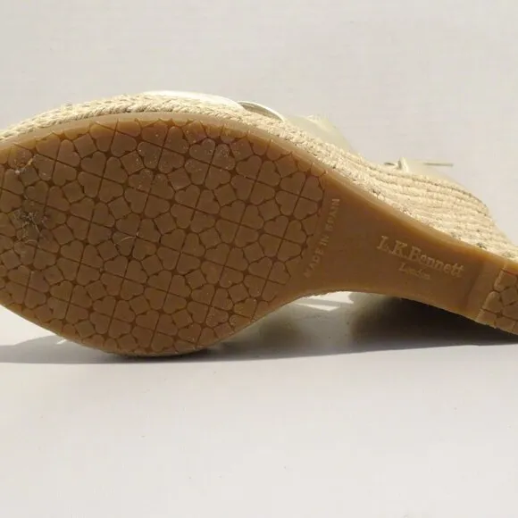LK Bennett Maggie Gold Wedge Peep Toe Sandals Size 38 EU 7 US Espadrille Metalli