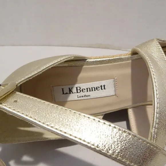LK Bennett Maggie Gold Wedge Peep Toe Sandals Size 38 EU 7 US Espadrille Metalli