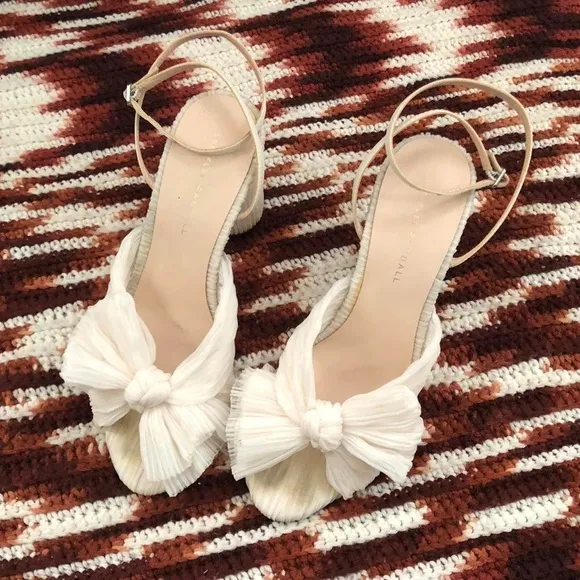Loeffler Randall Dahlia Pearl Pleated Knot Bow Sandals Mules 3.5” Heels Open Toe