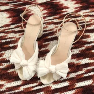 Loeffler Randall Dahlia Pearl Pleated Knot Bow Sandals Mules 3.5” Heels Open Toe