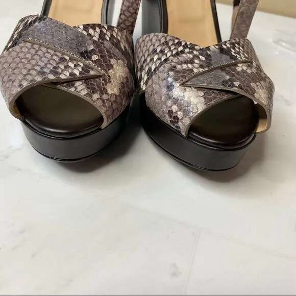 Longchamp sandals 38 leather snakeskin ankle strap wedge peep toe brown heels