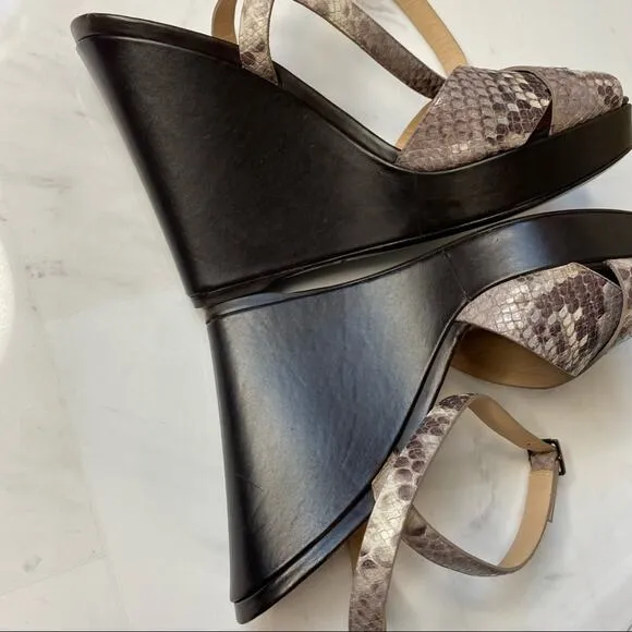 Longchamp sandals 38 leather snakeskin ankle strap wedge peep toe brown heels