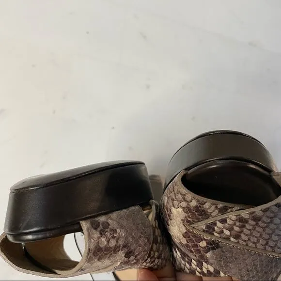 Longchamp sandals 38 leather snakeskin ankle strap wedge peep toe brown heels