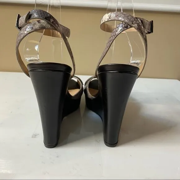 Longchamp sandals 38 leather snakeskin ankle strap wedge peep toe brown heels