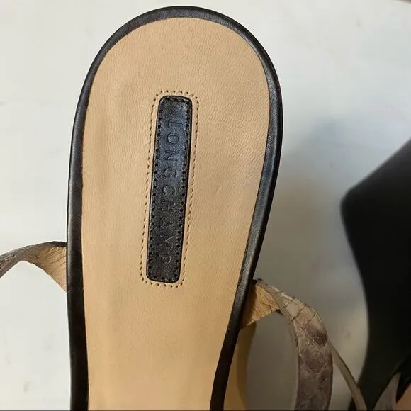 Longchamp sandals 38 leather snakeskin ankle strap wedge peep toe brown heels