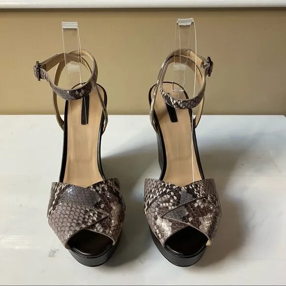 Longchamp sandals 38 leather snakeskin ankle strap wedge peep toe brown heels