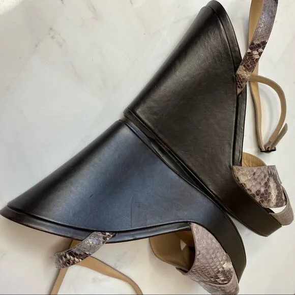 Longchamp sandals 38 leather snakeskin ankle strap wedge peep toe brown heels