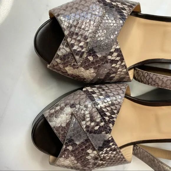 Longchamp sandals 38 leather snakeskin ankle strap wedge peep toe brown heels