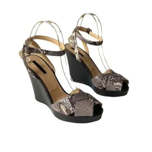 Longchamp sandals 38 leather snakeskin ankle strap wedge peep toe brown heels