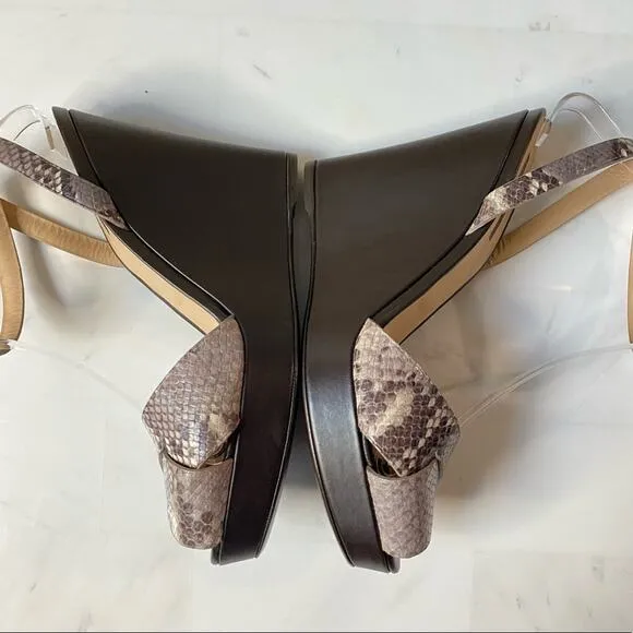Longchamp sandals 38 leather snakeskin ankle strap wedge peep toe brown heels
