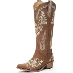Lumeheel Cowboy Boots Women Brown Polyurethane (PU) Wide Calf Knee High Boots