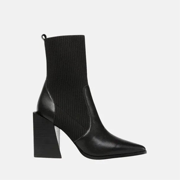 ✨Lvemas Ankle Boot Women Black Faux Leather Suede Chunky Toe Stacked Heel Shoes