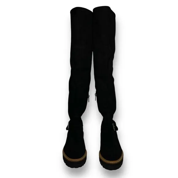 Marc Fisher Idaner Over Knee Black Suede Moto Boots Lug Sole Buckle Zip Size 7.5