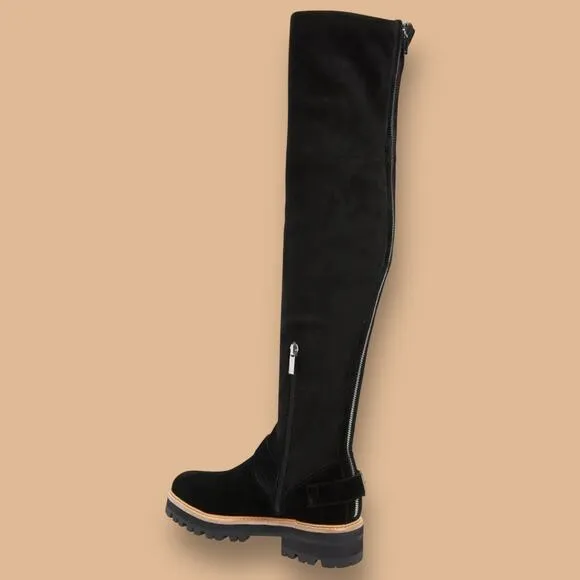 Marc Fisher Idaner Over Knee Black Suede Moto Boots Lug Sole Buckle Zip Size 7.5