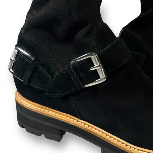Marc Fisher Idaner Over Knee Black Suede Moto Boots Lug Sole Buckle Zip Size 7.5