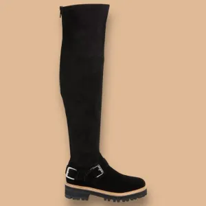 Marc Fisher Idaner Over Knee Black Suede Moto Boots Lug Sole Buckle Zip Size 7.5