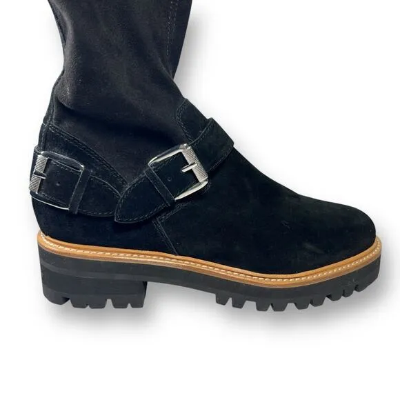 Marc Fisher Idaner Over Knee Black Suede Moto Boots Lug Sole Buckle Zip Size 7.5