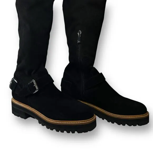Marc Fisher Idaner Over Knee Black Suede Moto Boots Lug Sole Buckle Zip Size 7.5