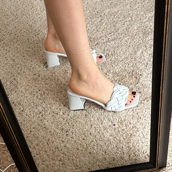 Marc fisher white chunky open toe braided sandals heeled heel leather