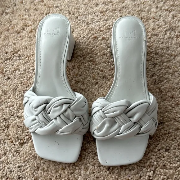 Marc fisher white chunky open toe braided sandals heeled heel leather