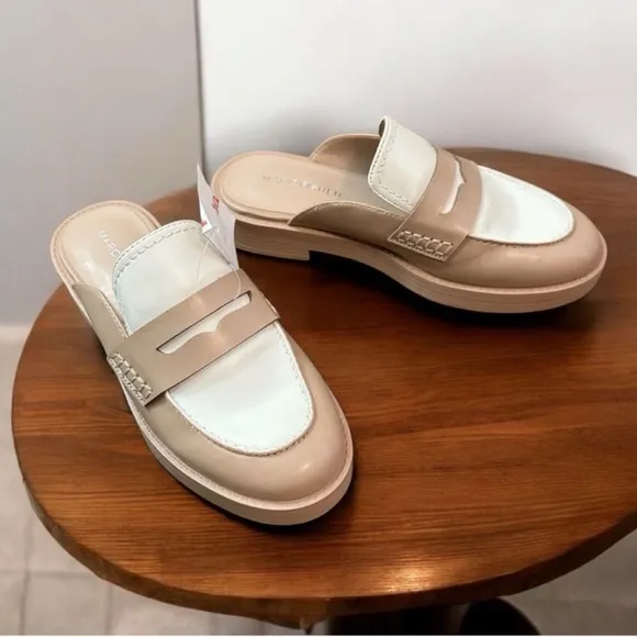 Marc Fisher Women's Burlesk Loafer Mule Size 6.5 Natural Tan White Slip-on