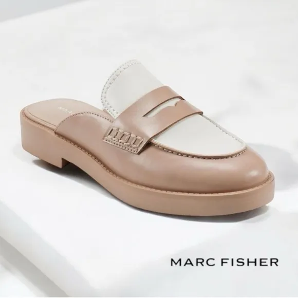 Marc Fisher Women's Burlesk Loafer Mule Size 6.5 Natural Tan White Slip-on