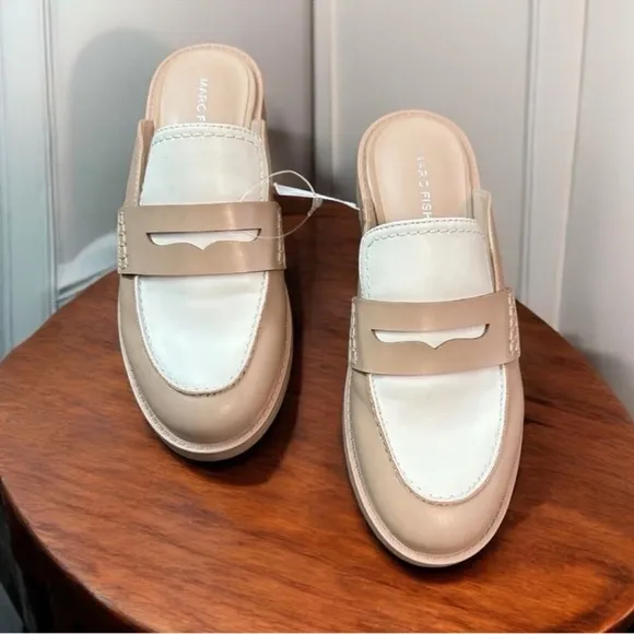 Marc Fisher Women's Burlesk Loafer Mule Size 6.5 Natural Tan White Slip-on