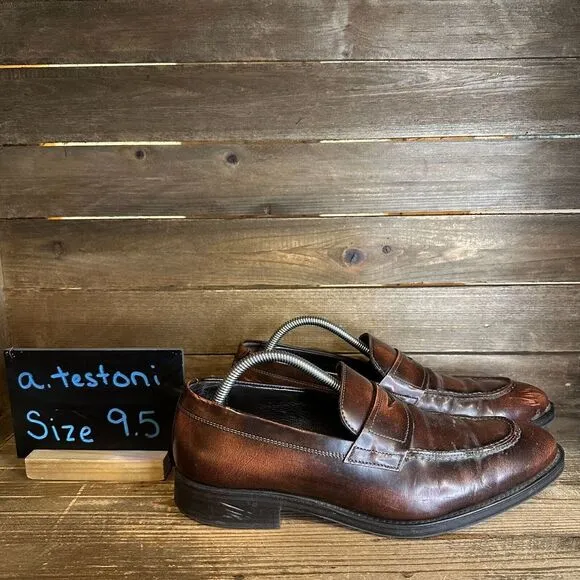 Mens A. Testoni Brown Leather‎ Slip On Dress Penny Loafers Shoes Size 9.5 M GUC