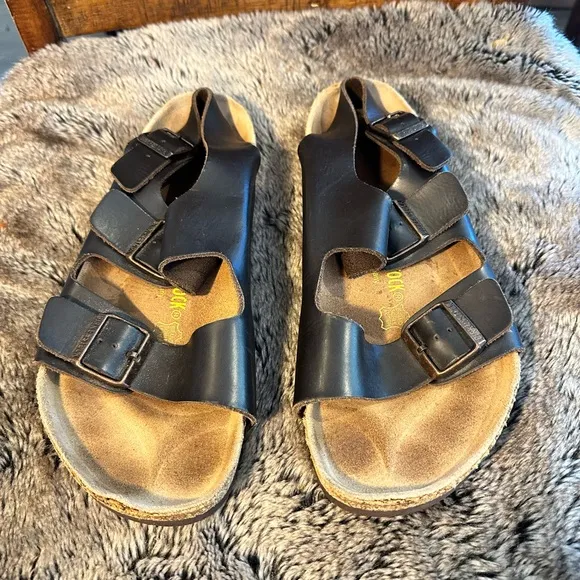 Men’s Birkenstocks Soft Foot Bed Milano Dark Brown Adjustable Buckle Sandals, 10