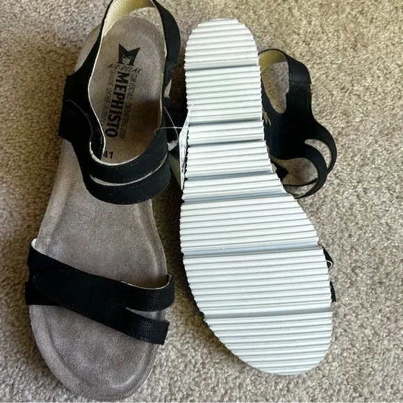Mephisto Emelia Women's Black Leather Platform Wedge Sandals Size 41 US Size 11