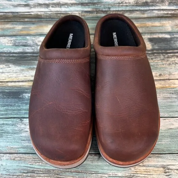 Merrell Walrus Mens 9 Clog Mule Brown Leather Comfort House Shoes Slip On Casual