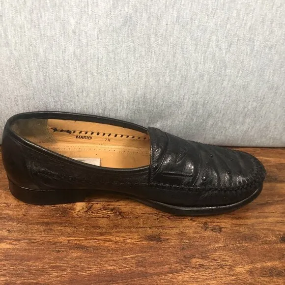 Mezlan Mario Ostrich Soft Black‎ Leather Slip On Loafers Men Size 7.5 M