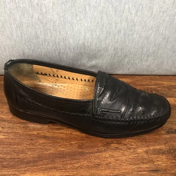 Mezlan Mario Ostrich Soft Black‎ Leather Slip On Loafers Men Size 7.5 M