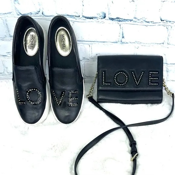 |•MICHAEL KORS•| A-dorable 'LOVE' Gold Studded Slip-On Shoes &amp; Crossbody Bag