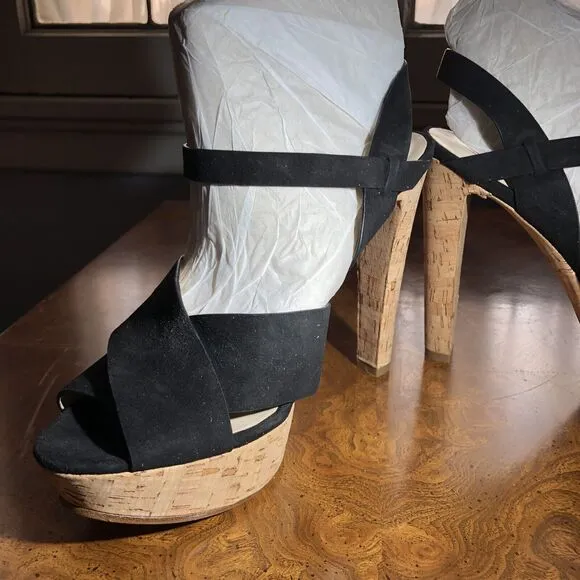 Michael Kors Adair Blk Suede Cork Platform High Heel Sandals Size 10M New In Box