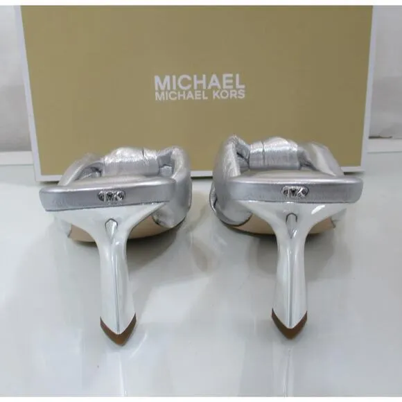 Michael Kors Elena Heeled Slide Sandal Knotted Strap Leather Silver