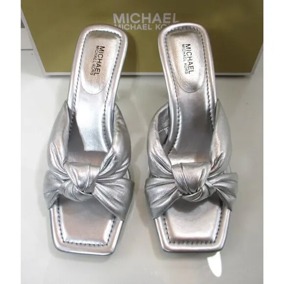 Michael Kors Elena Heeled Slide Sandal Knotted Strap Leather Silver