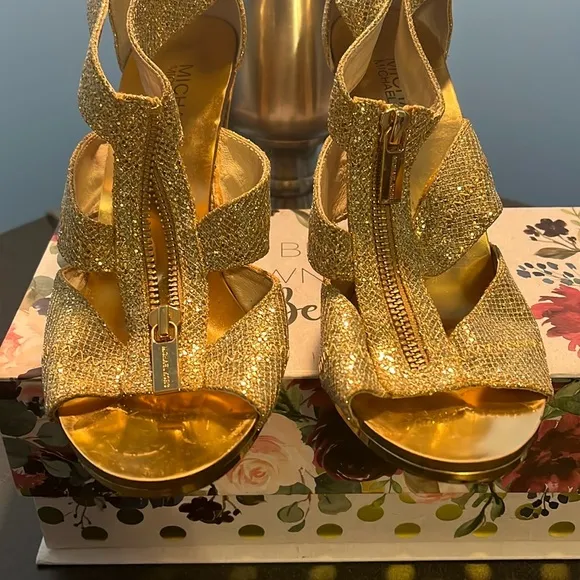 Michael Kors Gold Heels with High Stiletto and Intricate Straps