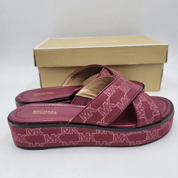 Michael Kors Indira Wedge Sandals MK Outline Jacquard Color Grapefruit Size 8M